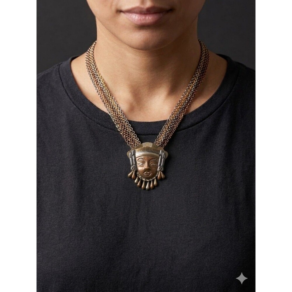 Vintage JHP Taxco Metales Casados Mixed Metal Face Mask Pendant Brooch Mexico